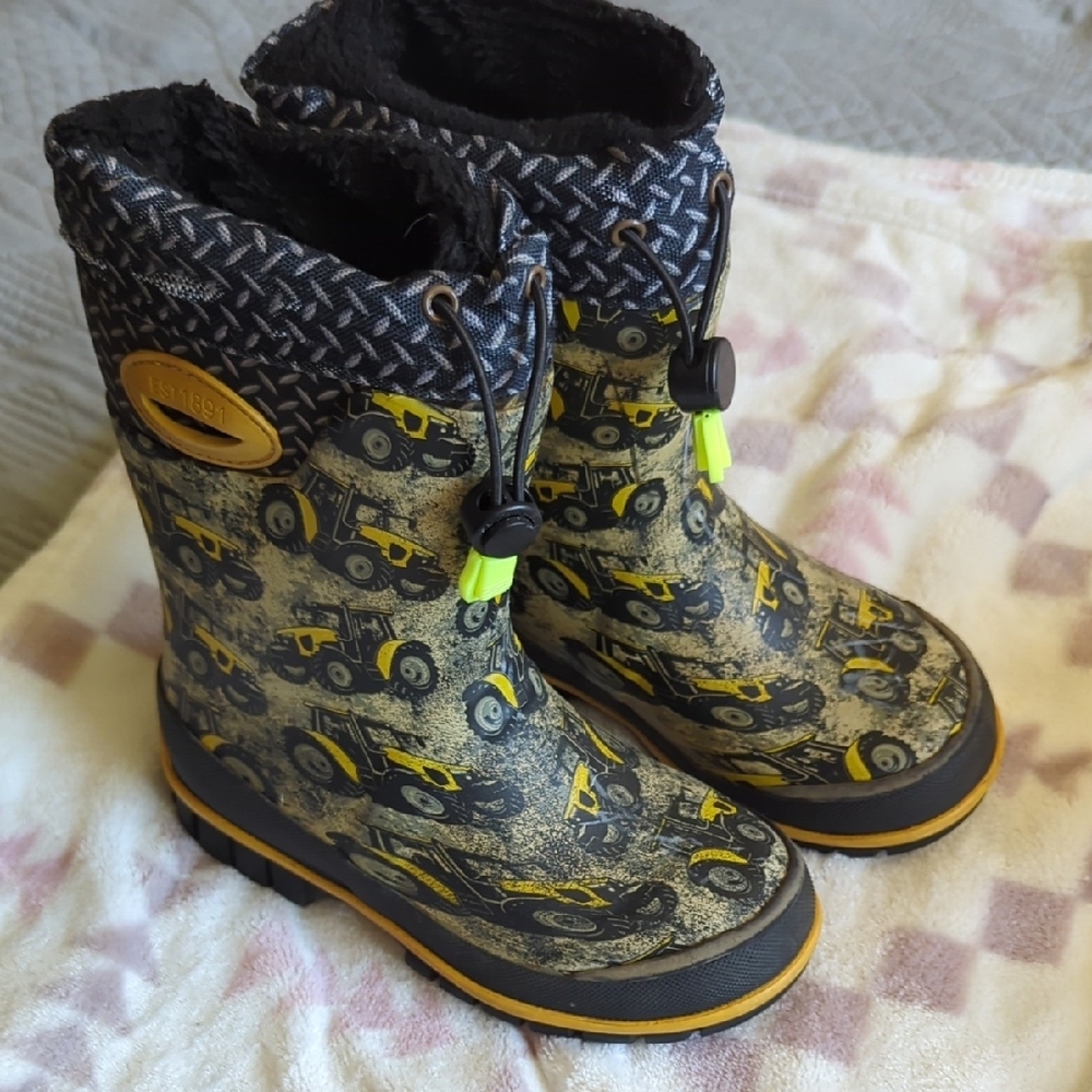 Kids Tractor Print Boots with Yellow Accents